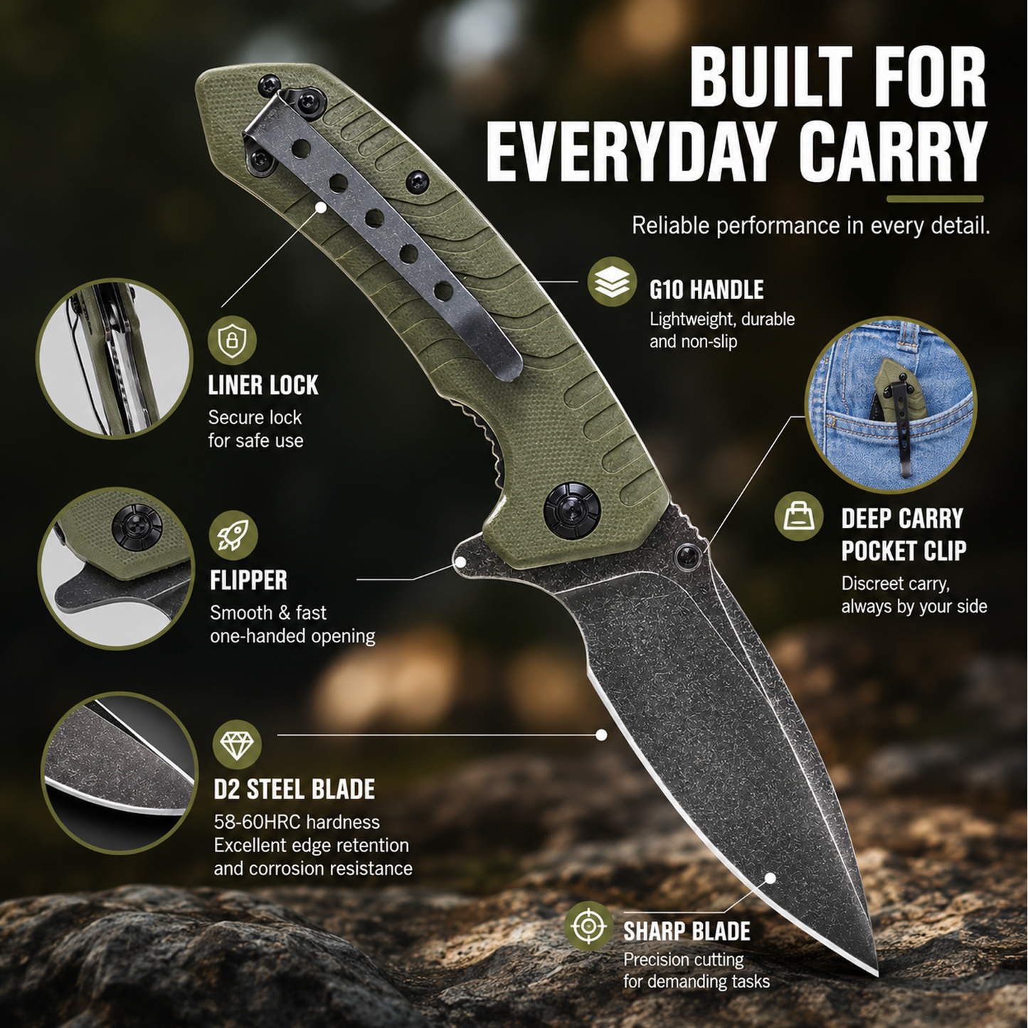 Folding Pocket Knife, 3.3 Inch D2 Steel Blade G10 Handle Small EDC Knife with Liner Lock, Pocket Clip for Men Women, Perfect Tool for Camping Hunting Survival