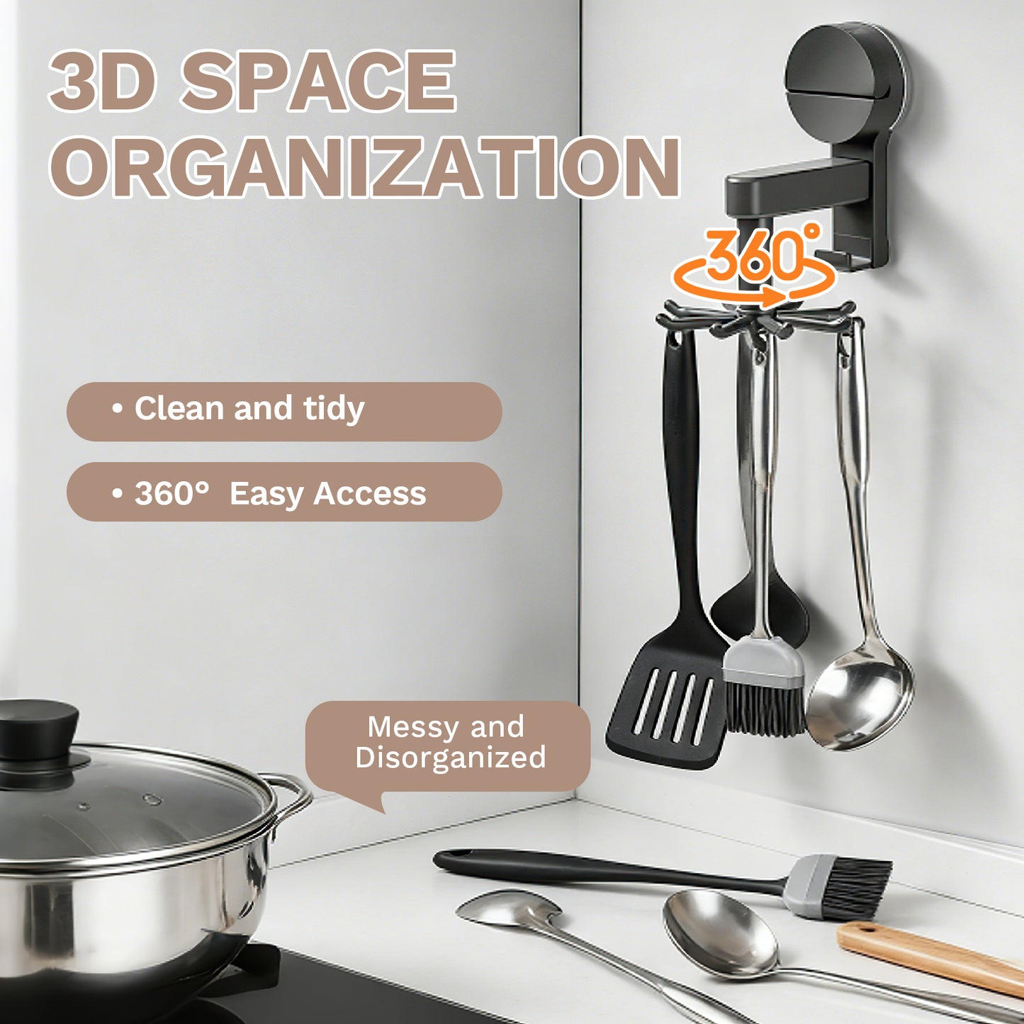 Suction Cup Hooks - 360° Rotating Wall Mount Organizer, No Damage Adhesive Free Hooks for Walls, Kitchen, Bathroom, Cooking Utensil Holder, Key Holder, Dresser（8 Hooks） (Grey)