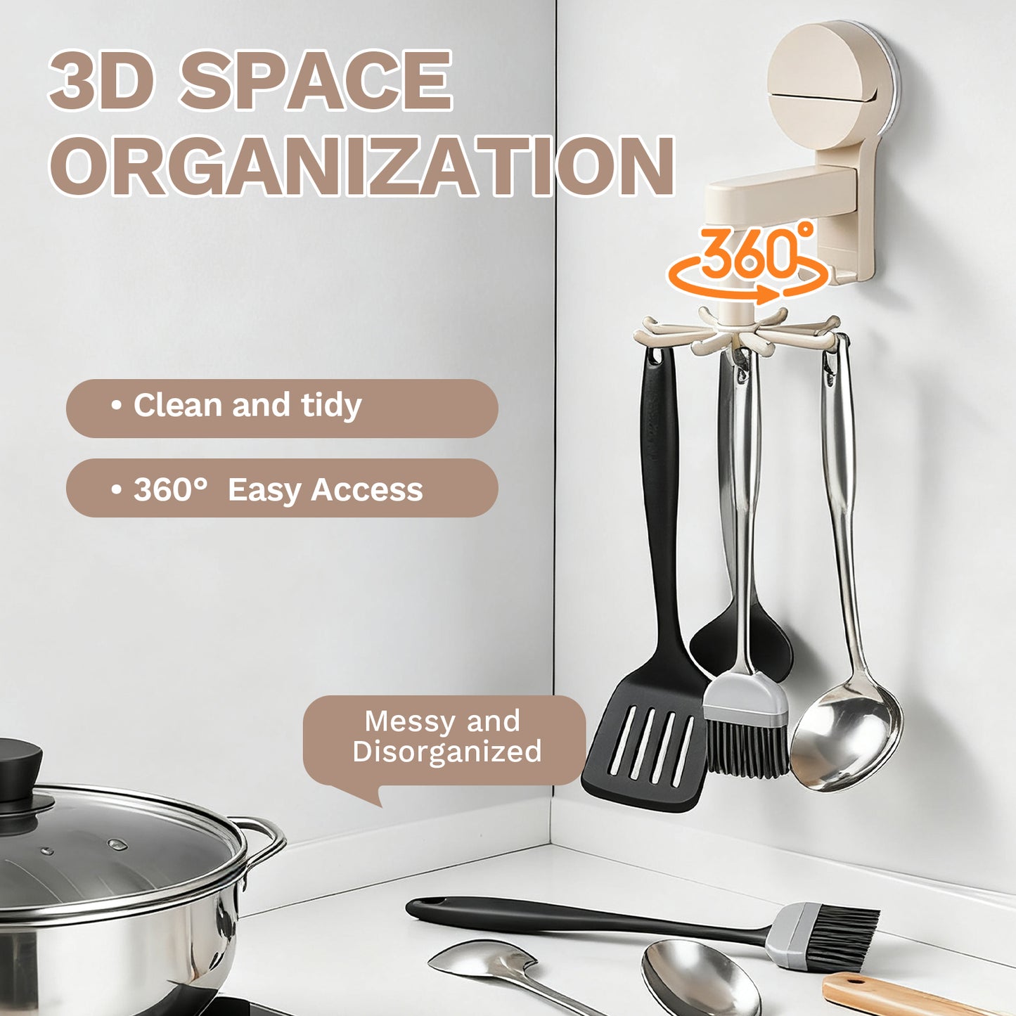 8 Hooks - Suction Cup Hooks - 360° Rotating Wall Mount Organizer, No Damage Adhesive Free Hooks for Walls, Kitchen, Bathroom, Cooking Utensil Holder, Key Holder, Dresser (White)