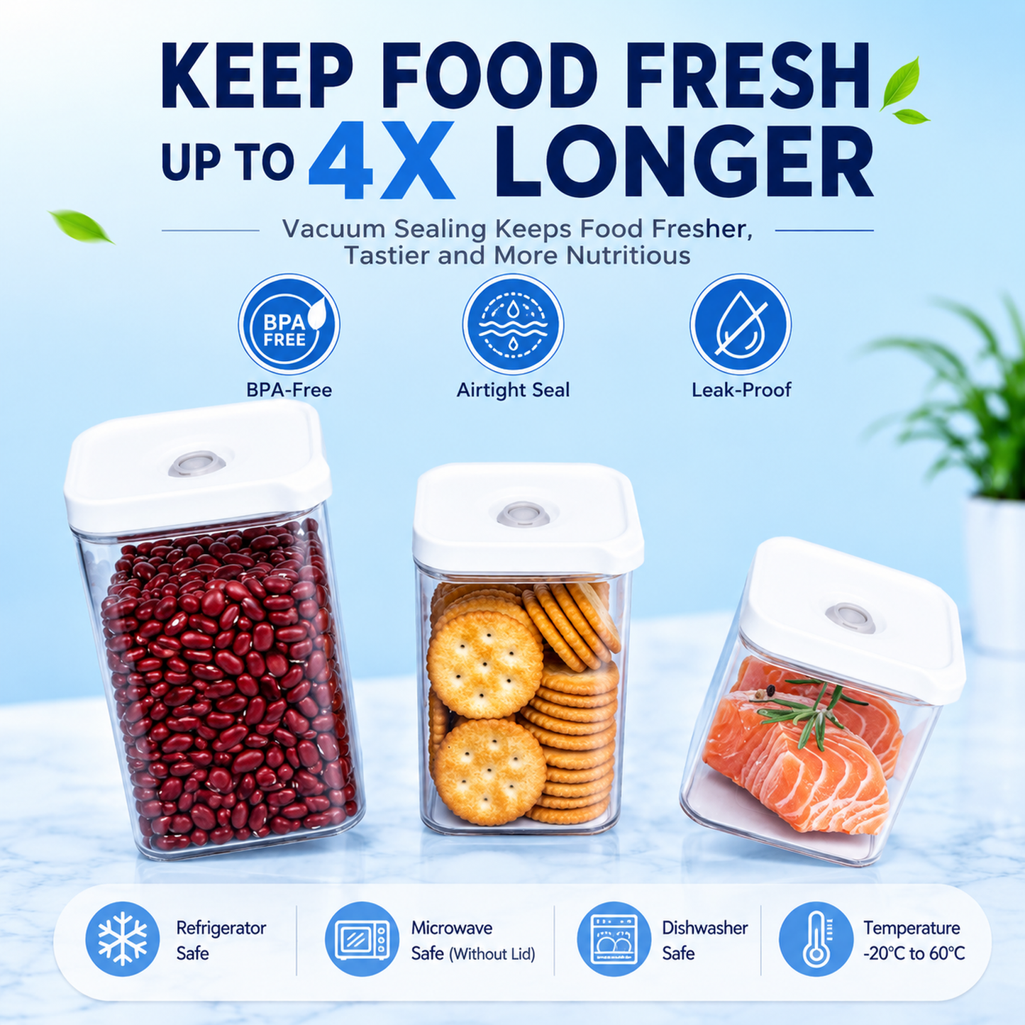 Vacuum Sealed Food Storage Containers with Pump – Airtight, Keeps Food Fresh, Prevents Bacteria – Ideal for Grains, Coffee, Snacks & dog food storage container(4-Piece Set)